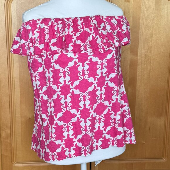 crown & ivy Tops - Crown & Ivy White Pink Seahorse Print Sleeveless Ruffle Tube Top L